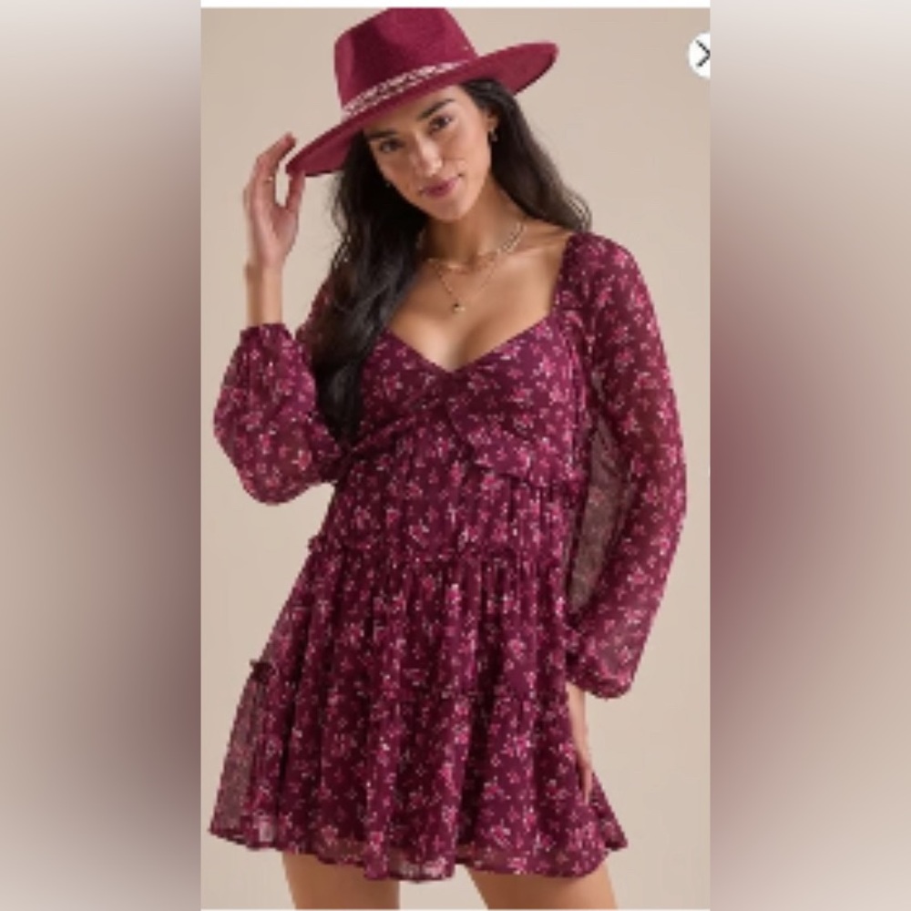 Altar'd State Burgundy Floral Long Sleeve Mini Dress